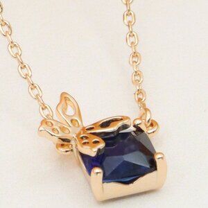 Rose Gold Plated Necklace with Blue Stone and Bow Pendant, XPNL0393